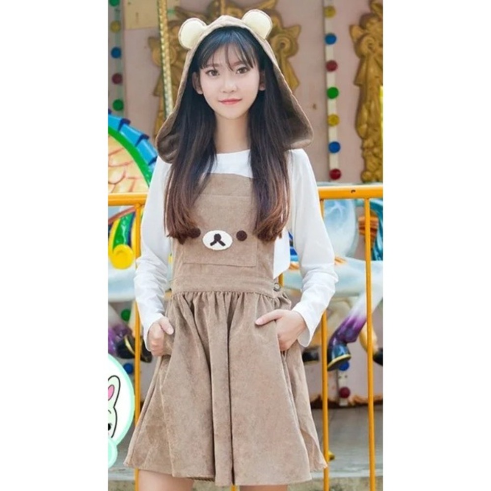 San-X Rilakkuma Suspender Dress Womens Size M Brown Corduroy Hooded Overall - Picture 3 of 7